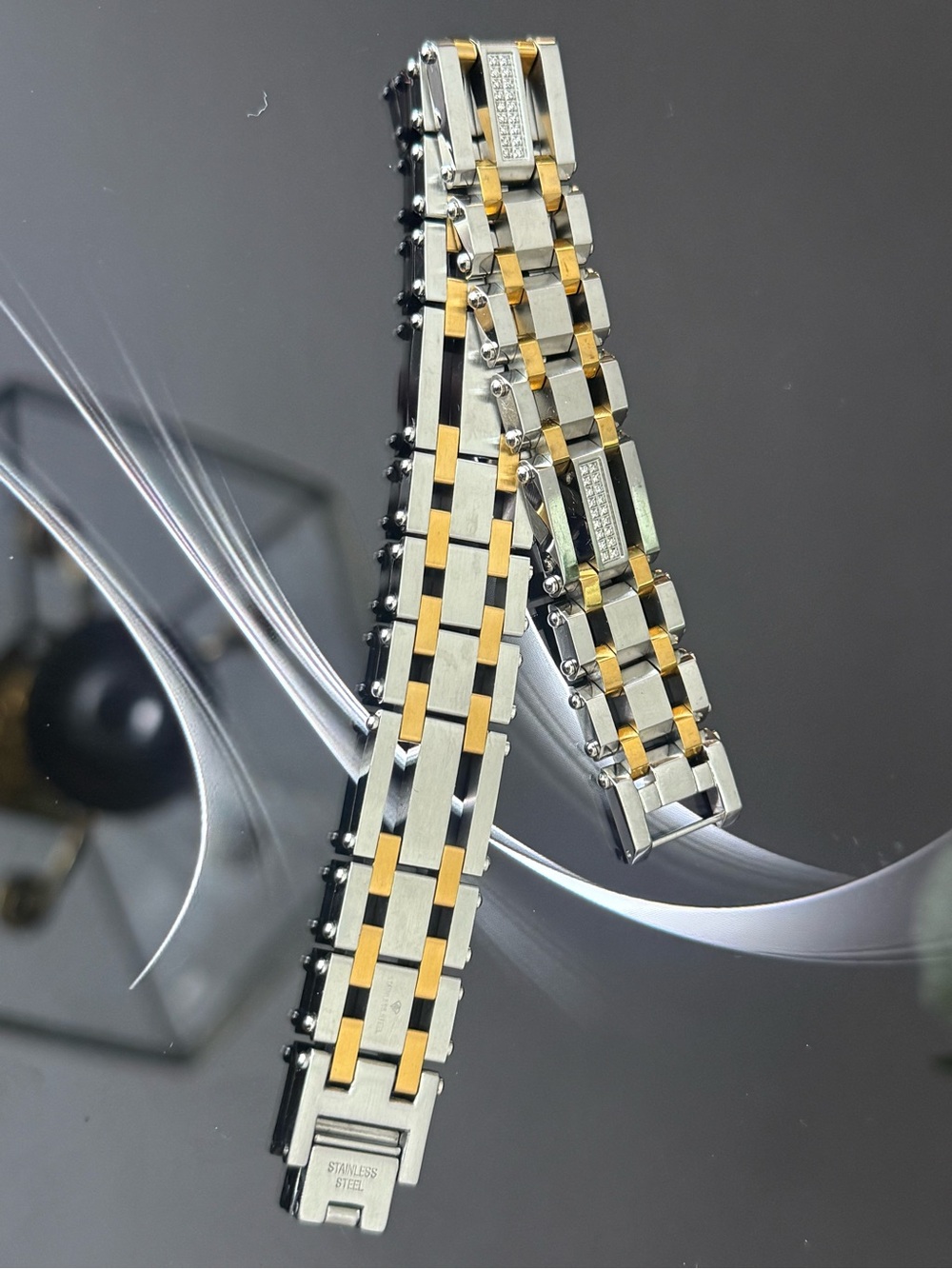 Kay Jewelers Two-Tone Stainless Steel and Gold Bracelet with Crystal Accents